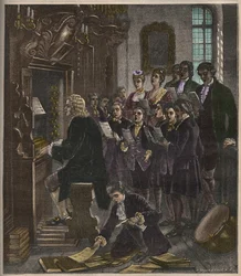 Johann Sebastian Bach playing the organ at the St Thomas School, Leipzig, illustration from La musique populaire, 1882
